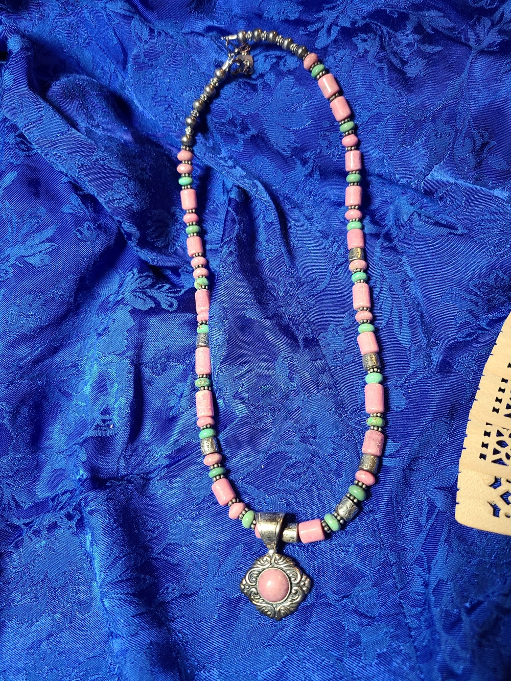 925 Antique Pink and Turquoise Beaded Pendant Necklace